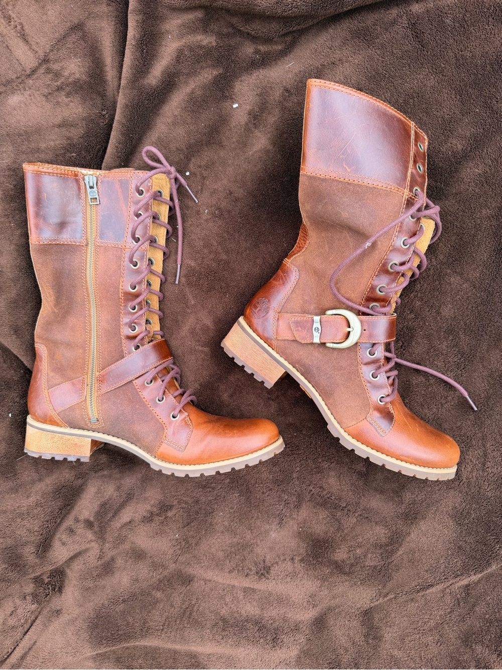 Timberland Cognac Brown Lace-Up Buckle Combat Boots